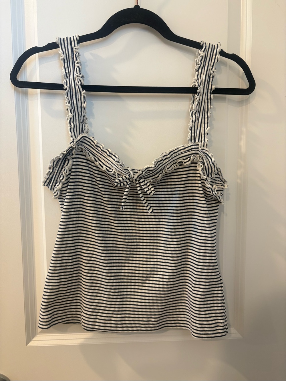 Maeve Black & White Striped Ruffle-Trim Tank